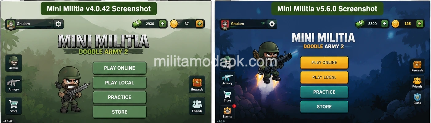 Mini Militia old vs new version comparison showing v4.0.42 classic gameplay and v5.6.0 modern gameplay features